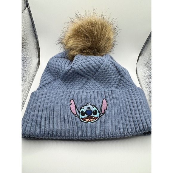 Disney Accessories - Disney Lilo & Stitch Blue Cable Knit Beanie Faux Fur Pom Hat Bioworld OSFM
